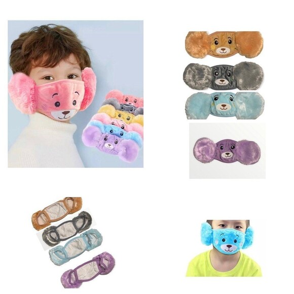 NEW Kids Cute Plush Teddy Bear Stuff Animal Earmuff Face Mask Set - Picture 2 of 4